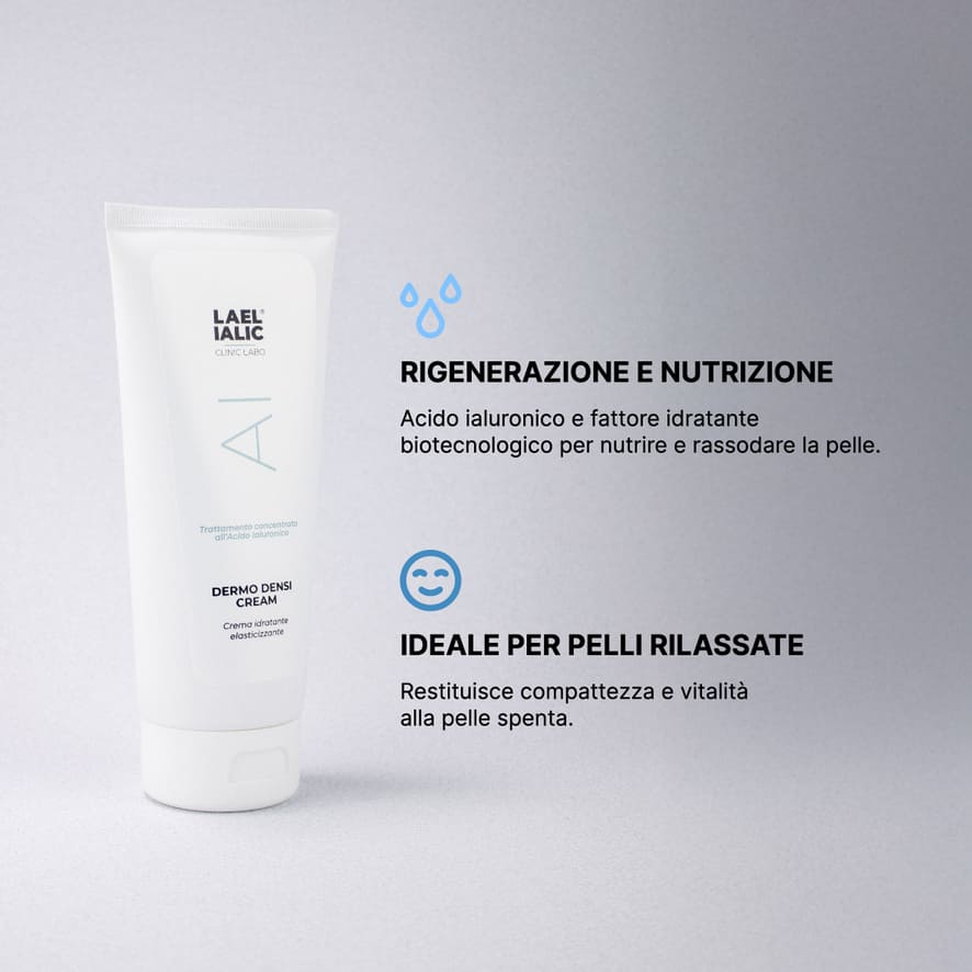 Crema Dermo Densi di Lael Ialic posizionata su sfondo neutro con testo descrittivo laterale che evidenzia i benefici del prodotto: rigenerazione e nutrizione grazie ad acido ialuronico e fattore idratante biotecnologico, ideale per pelli rilassate per restituire compattezza e vitalità