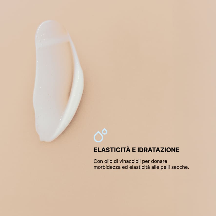 Texture cremosa bianca su sfondo color pesca, accompagnata da testo che evidenzia le proprietà elasticizzanti e idratanti del prodotto grazie all’olio di vinaccioli, ideale per pelli secche. Comunicazione visiva chiara ed elegante del brand Lael Ialic