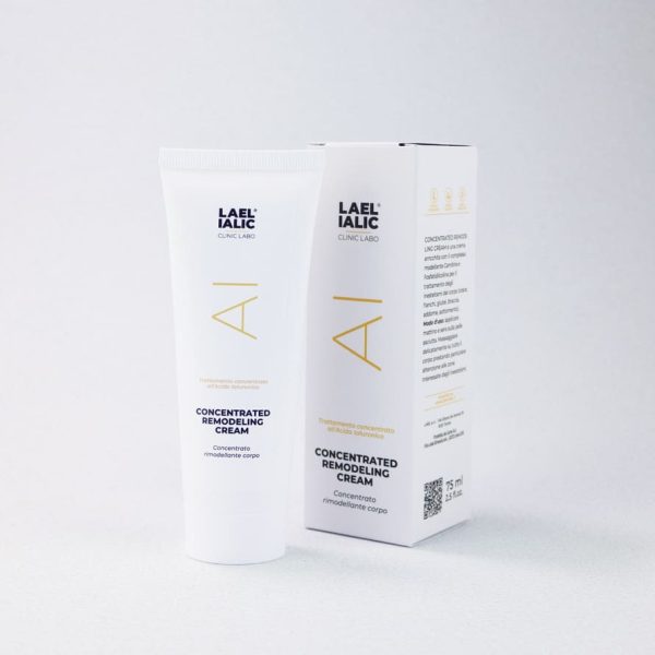 Tubo e confezione della Concentrated Remodeling Cream Lael Ialic Clinic Labo da 75 ml, trattamento corpo rimodellante con acido ialuronico. Il design pulito e moderno in bianco e oro trasmette professionalità, innovazione scientifica e cura per il dettaglio