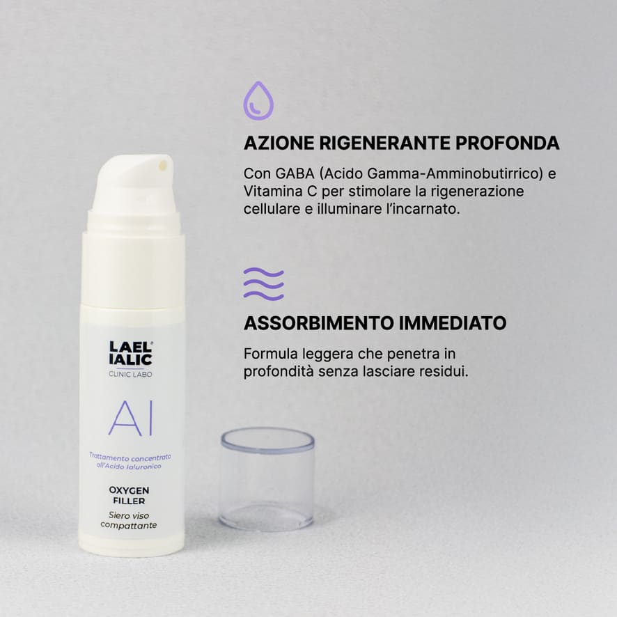 Flacone del siero viso Oxygen Filler Lael Ialic con tappo trasparente accanto, su sfondo chiaro. A fianco, descrizione dei benefici: azione rigenerante profonda con GABA e vitamina C, e assorbimento immediato.