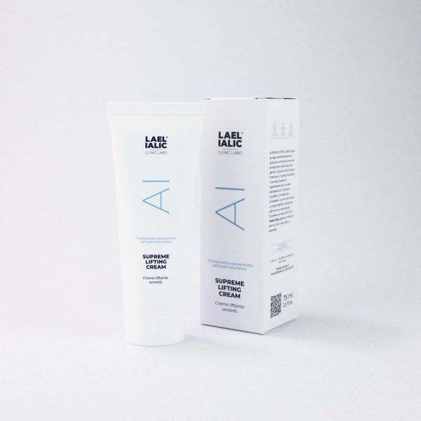 Immagine della crema antietà "Supreme Lifting Cream" con il suo packaging, un tubetto bianco con scatola, entrambe con il logo Lael Ialic e il nome del prodotto.