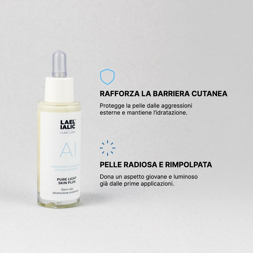 Flacone con contagocce del siero viso Pure Light Skin Plus Lael Ialic su sfondo chiaro, accompagnato da testi descrittivi che evidenziano i benefici di idratazione profonda, pelle rimpolpata e rinforzo della barriera cutanea