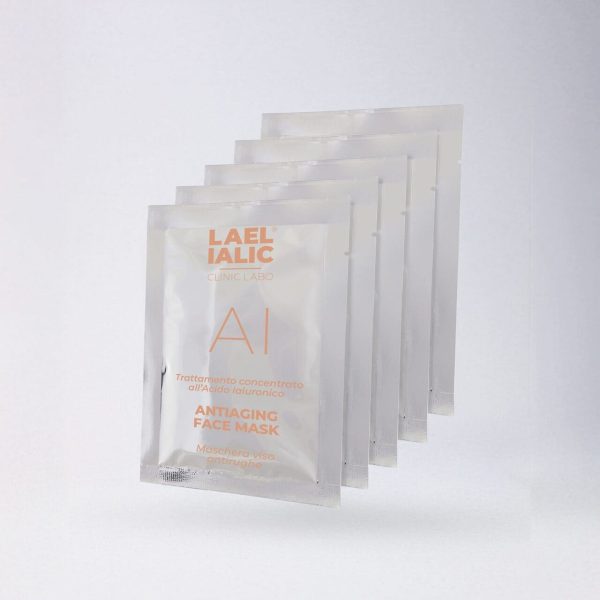 Set di maschere viso antirughe Lael Ialic "Antiaging Face Mask" in confezioni monodose, disposte in fila su sfondo chiaro. Packaging elegante con scritte arancioni e design minimal.